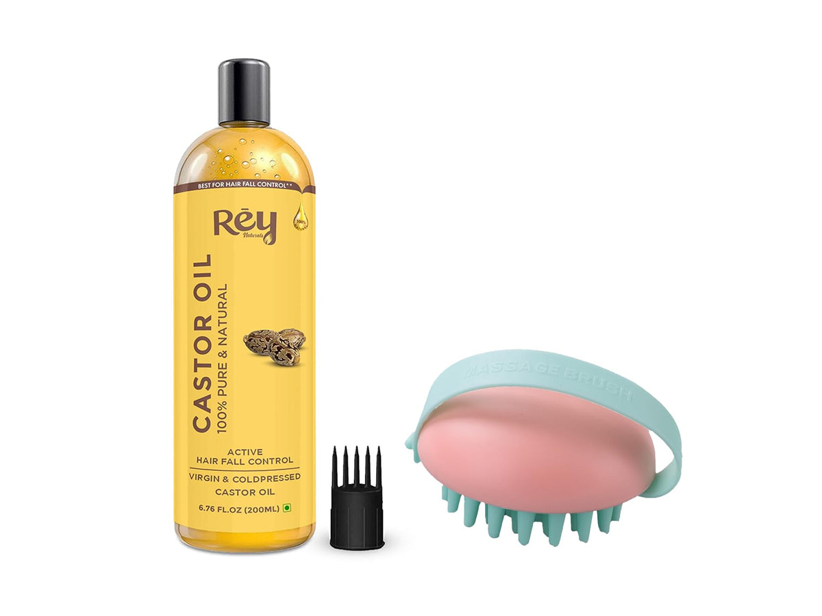 Rey Naturals Castor Oil (Arandi Oil) - Premium Cold Pressed for Hair & Skin Care - 200ml (Castor Oil & Brush)