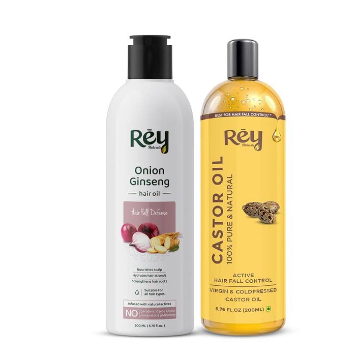 Rey Naturals Castor Oil (200Ml) and Onion Ginseng Hair Growth Oil (200