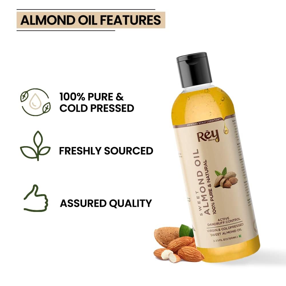 Rey Naturals Almond Hair Oil (Badam oil) - 100% Pure, Cold Pressed, for Hair & Skin | Promotes Growth, Reduces Dandruff | 100ml (Pack of 2)