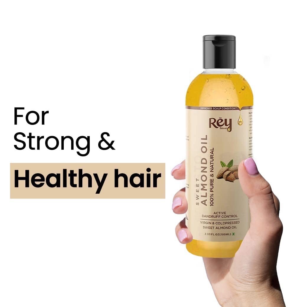 Rey Naturals Almond Hair Oil (Badam oil) - 100% Pure, Cold Pressed, for Hair & Skin | Promotes Growth, Reduces Dandruff | 100ml (Pack of 2)