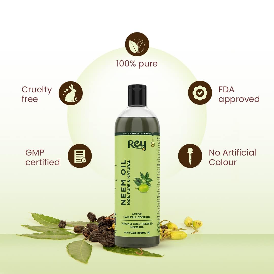 Rey Naturals Virgin Cold Pressed Pure Neem Oil For Hair & Skin | Hair Oil For Hair Growth, Dandruff Relief, Scalp Infection | Carrier Oil For Pimple | Body Massage Oil For Men & Women - 200ML*2