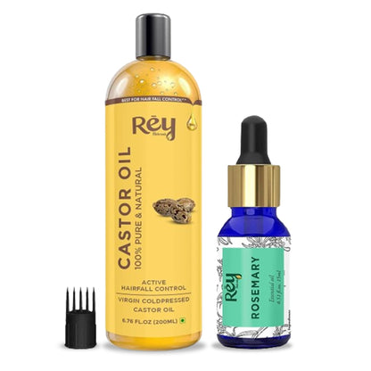 Rey Naturals Rosemary Essential Oil & Cold Pressed Castor Oil (Arandi Tel) | Rosemary Oil & Extra Virgin Hair Oil Combo For Helathy Hair & Scalp | For Men & Women - (200ml+15ml)