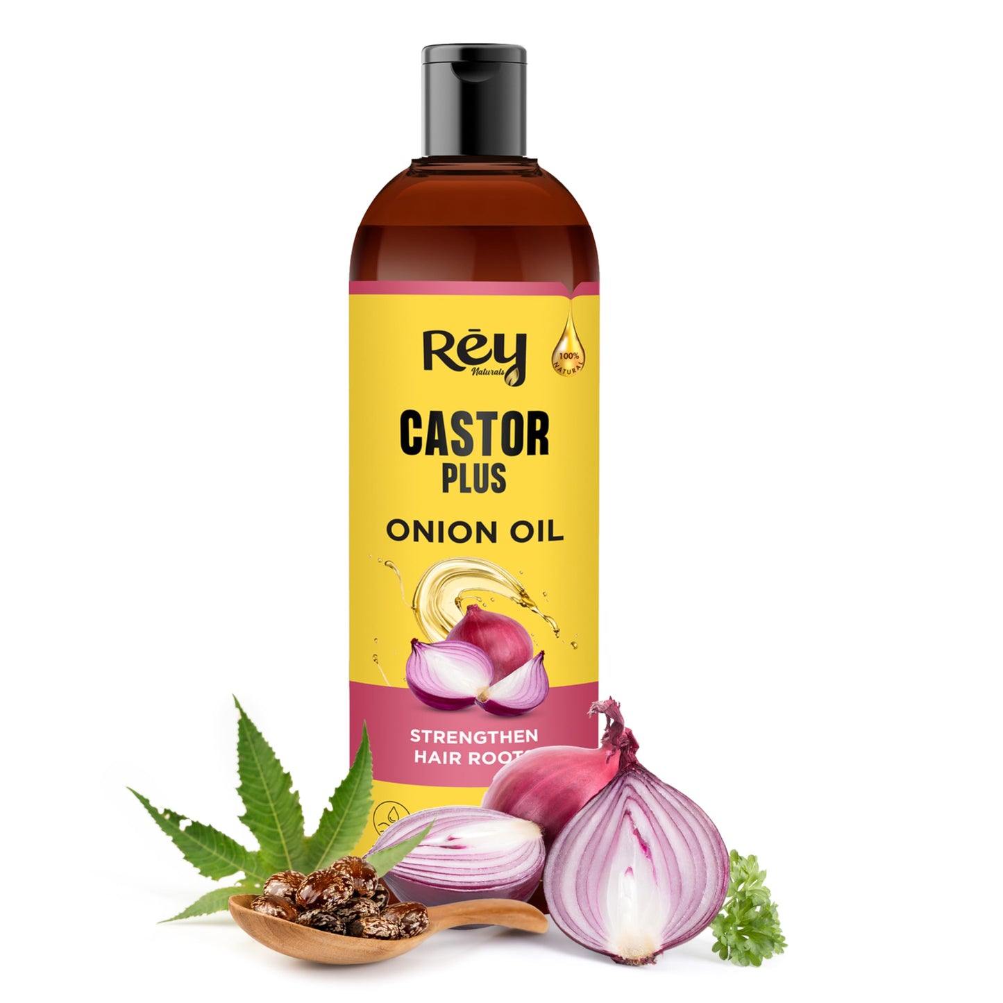 Rey Naturals Premixed cold-pressed Castor Plus Onion Hair oil | Strengthen Hair Roots | For Healthy & Nourished Hair | Shiny & Healthy Hair |Light And Non-Sticky | Suitable for Men & Women | 100Ml