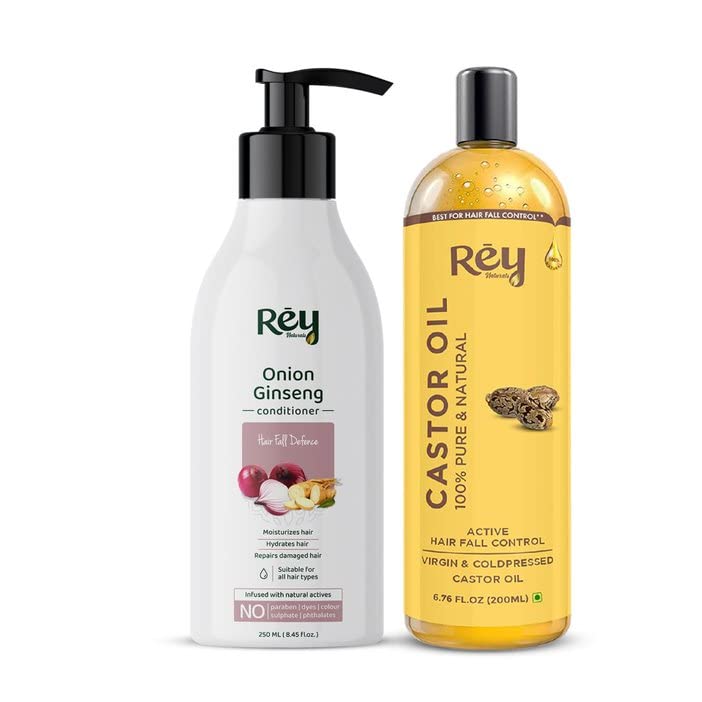 Rey Naturals Castor Oil (200 Ml) and Onion Ginseng Conditioner (250 Ml) Combo