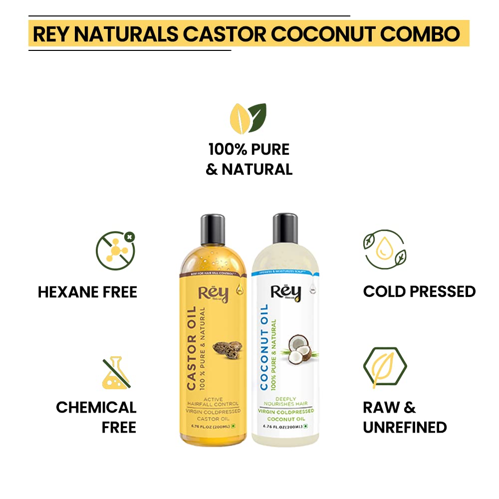 Rey Naturals Cold Pressed Castor & Virgin Coconut Hair Oil | For Hair Growth, Hairfall Control, Nail Cuticles, Eyebrow & Eyelashes Nourishment | Hydrates & Moisturize Scalp | For Men & Women -200ML*2