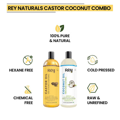 Rey Naturals Cold Pressed Castor & Virgin Coconut Hair Oil | For Hair Growth, Hairfall Control, Nail Cuticles, Eyebrow & Eyelashes Nourishment | Hydrates & Moisturize Scalp | For Men & Women -200ML*2