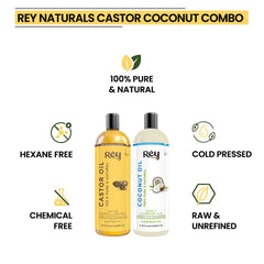 Rey Naturals® Cold-Pressed, 100% Pure Castor Oil & Coconut Oil Combo - Moisturizing & Healing, For Skin, Hair Care, Eyelashes (200 ml + 200 ml) (200 ml) (200 ml)