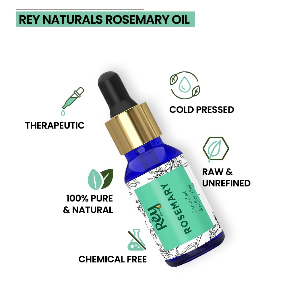 Rey Naturals Rosemary Essential Oil for Hair Growth - 100% Pure & Natural Rosemary Oil For Hair, Skin and Body - 15ml (15 ml Pack of 2)