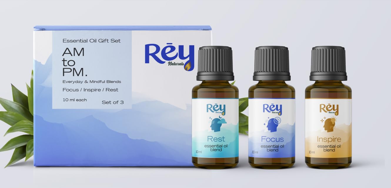 Rey Naturals 100% Natural Aroma Diffuser Essential Oil Set - Rest Focus Inspire - 3 Aromatherapy Blends for Home Fragrance | Stress relief and Headache relief (Vanilla, Ylang Ylang & Lavender)