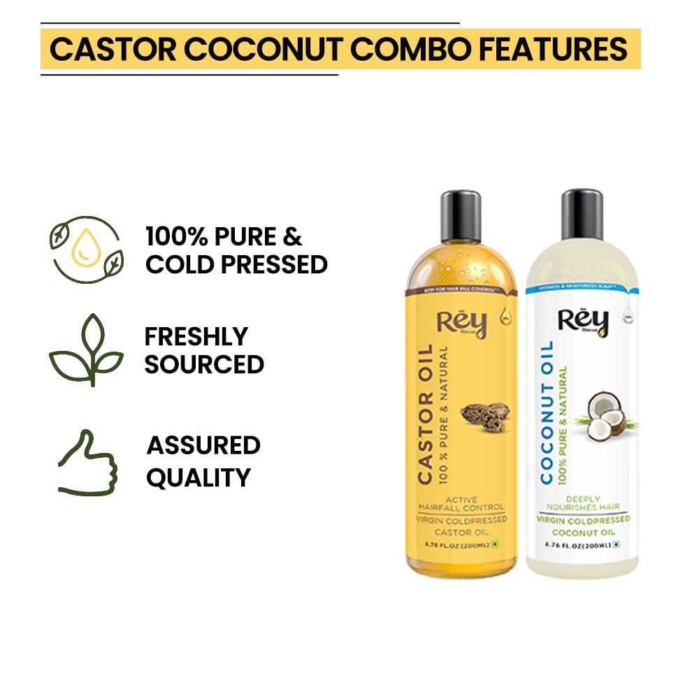 Rey Naturals Cold Pressed Castor & Virgin Coconut Hair Oil | For Hair Growth, Hairfall Control, Nail Cuticles, Eyebrow & Eyelashes Nourishment | Hydrates & Moisturize Scalp | For Men & Women -200ML*2