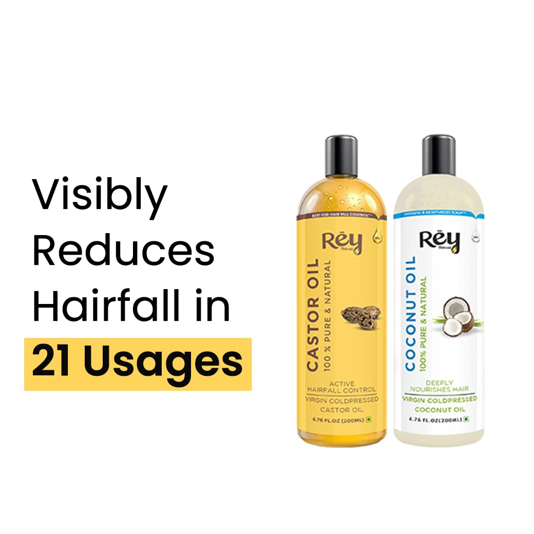 Rey Naturals® Cold-Pressed, 100% Pure Castor Oil & Coconut Oil Combo - Moisturizing & Healing, For Skin, Hair Care, Eyelashes (200 ml + 200 ml) (200 ml) (200 ml) (200 ml)