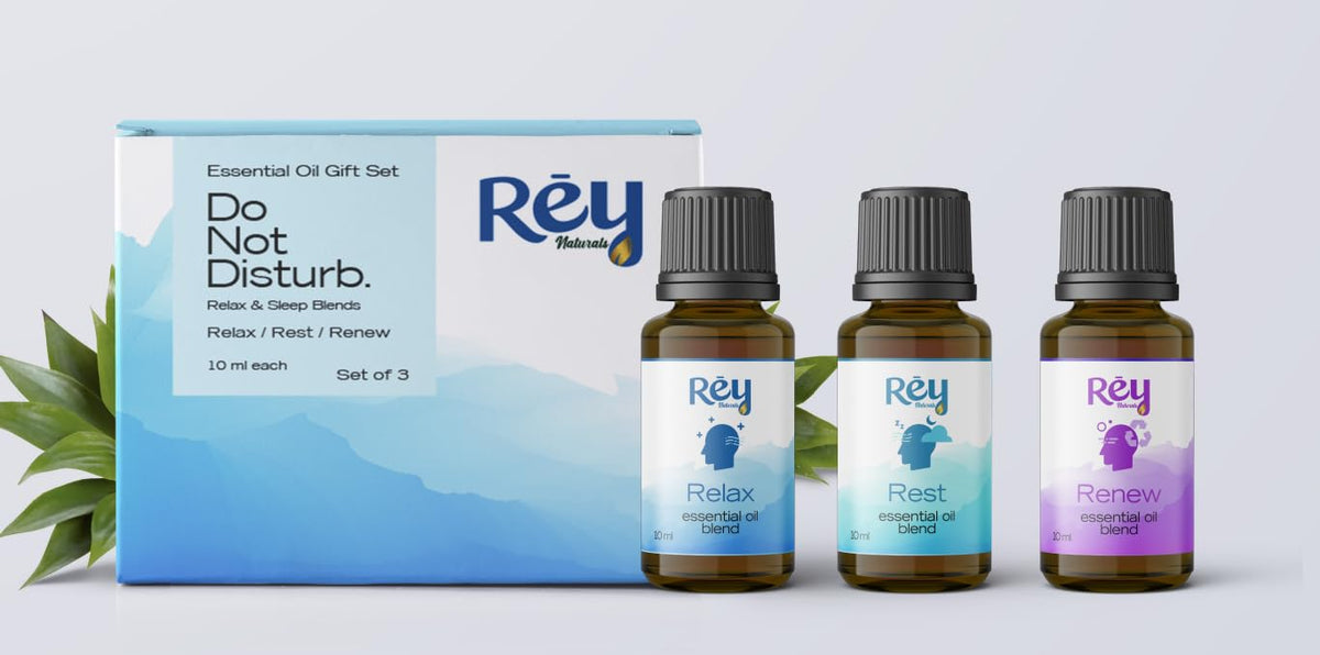 Rey Naturals 100% Natural Aroma Diffuser Essential Oil Set - Rest Focus Inspire - 3 Aromatherapy Blends for Home Fragrance | Stress relief and Headache relief (Ylang Ylang, Rose & Jasmine)