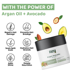 Rey Naturals Argan Avocado Hair Mask for Damaged Hair | Infused with Natural Actives | Sulphate, Paraben & Toxin Free | Seals Split Ends & Prevents Hair Breakage | Suitable for all Hair Types | 200g