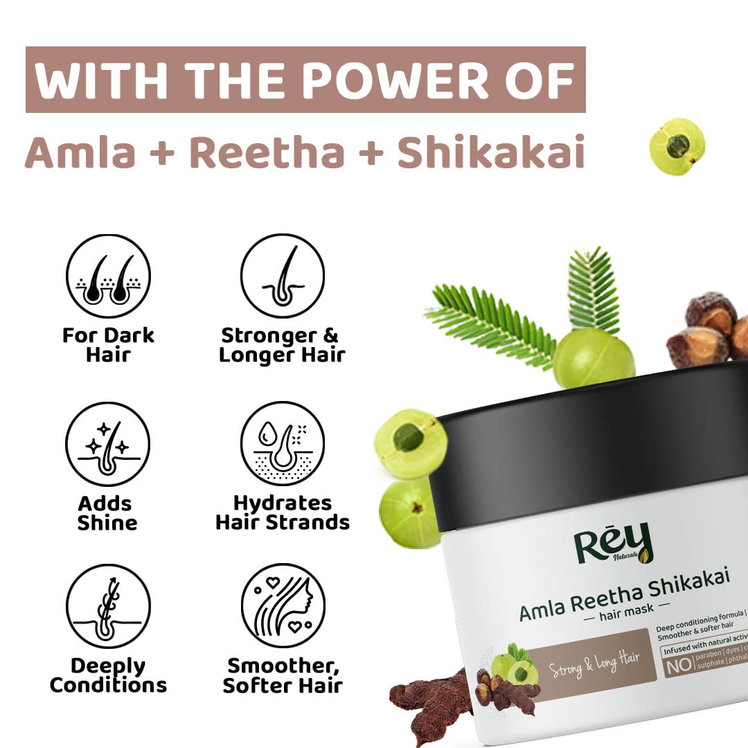 Rey Naturals Hair Mask for Longer & Stronger Hair with Amla Reetha Shikakai | With Natural Actives | Paraben and Sulphate Free | For Smoothening Dry and Frizzy Hair | Suitable for Men and Women | 200 GM