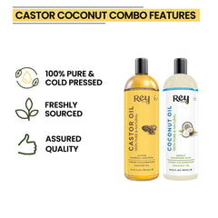 Rey Naturals® Cold-Pressed, 100% Pure Castor Oil & Coconut Oil Combo - Moisturizing & Healing, For Skin, Hair Care, Eyelashes (200 ml + 200 ml) (200 ml) (200 ml) (200 ml) (750)