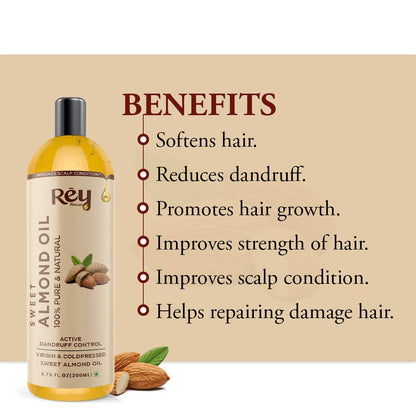 Rey Naturals Almond Hair Oil (Badam oil) - 100% Pure, Cold Pressed, for Hair & Skin | HairGrowth,Dandruff | 200ml