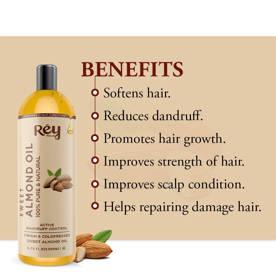 Rey Naturals Almond Hair Oil | 100% Pure Almond Oil (Badam Oil) | Virgin & Cold Pressed Sweet Almond Oil for Hair and Skin - 200ml