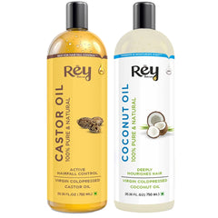 Rey Naturals® Cold-Pressed, 100% Pure Castor Oil & Coconut Oil Combo - Moisturizing & Healing, For Skin, Hair Care, Eyelashes (200 ml + 200 ml) (200 ml) (200 ml) (200 ml) (750)
