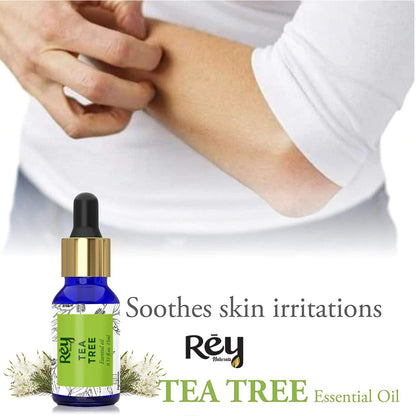 Rey Naturals 100% Pure Tea Tree Essential Oil For Hair & Scalp, Skin & Face Care - Tea Tree Oil For Dandruff, Acne, Aromatherapy & Stress | Suitable For All Skin & Hair Types - 15ml