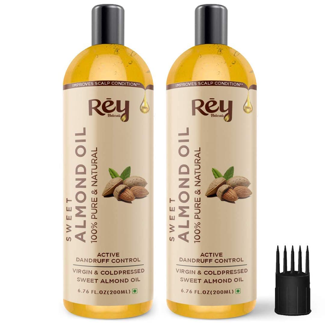 Rey Naturals Almond Hair Oil | 100% Pure Almond Oil (Badam Oil) | Virgin & Cold Pressed Sweet Almond Oil for Hair and Skin - 200ml (Pack of 2)