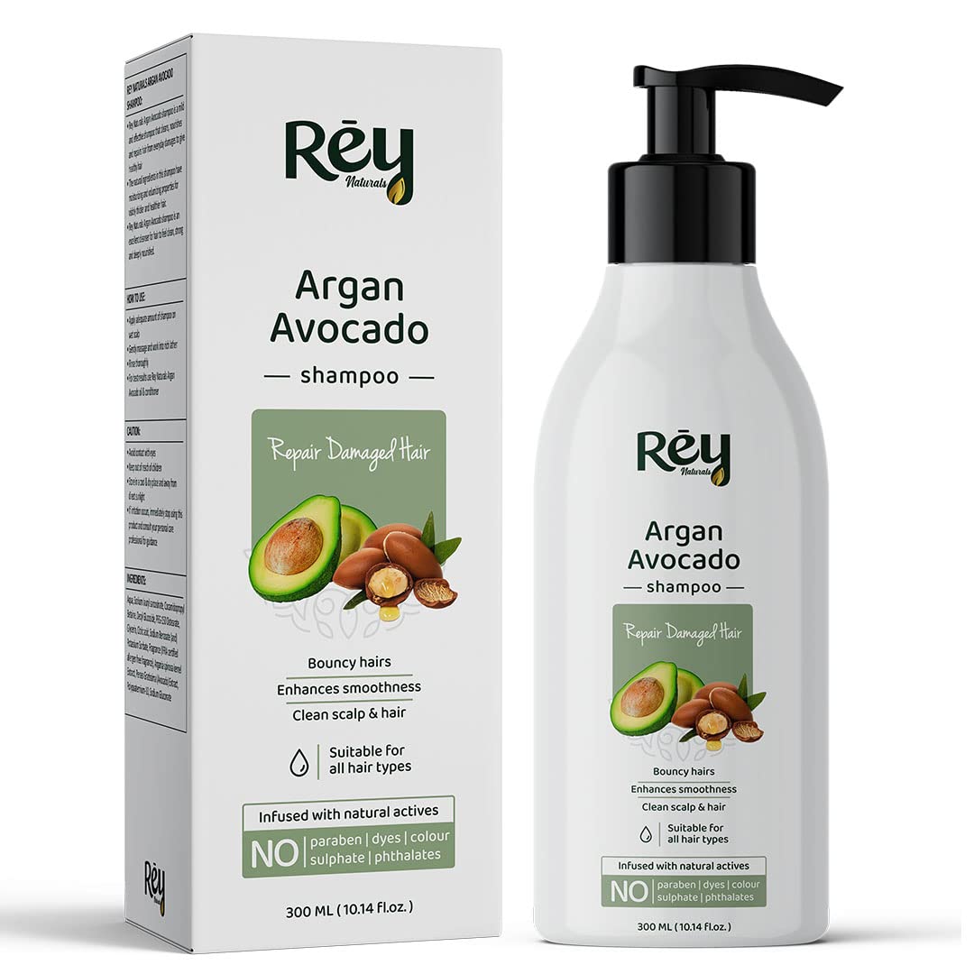 Rey Naturals Moroccan Argan Avocado Shampoo to Repair Damaged Hair|Natural Actives|Paraben and Sulphate Free | For Smooth Hair | Reduces Frizzy Hair & Dryness | Suitable for Men and Women | 300 ML