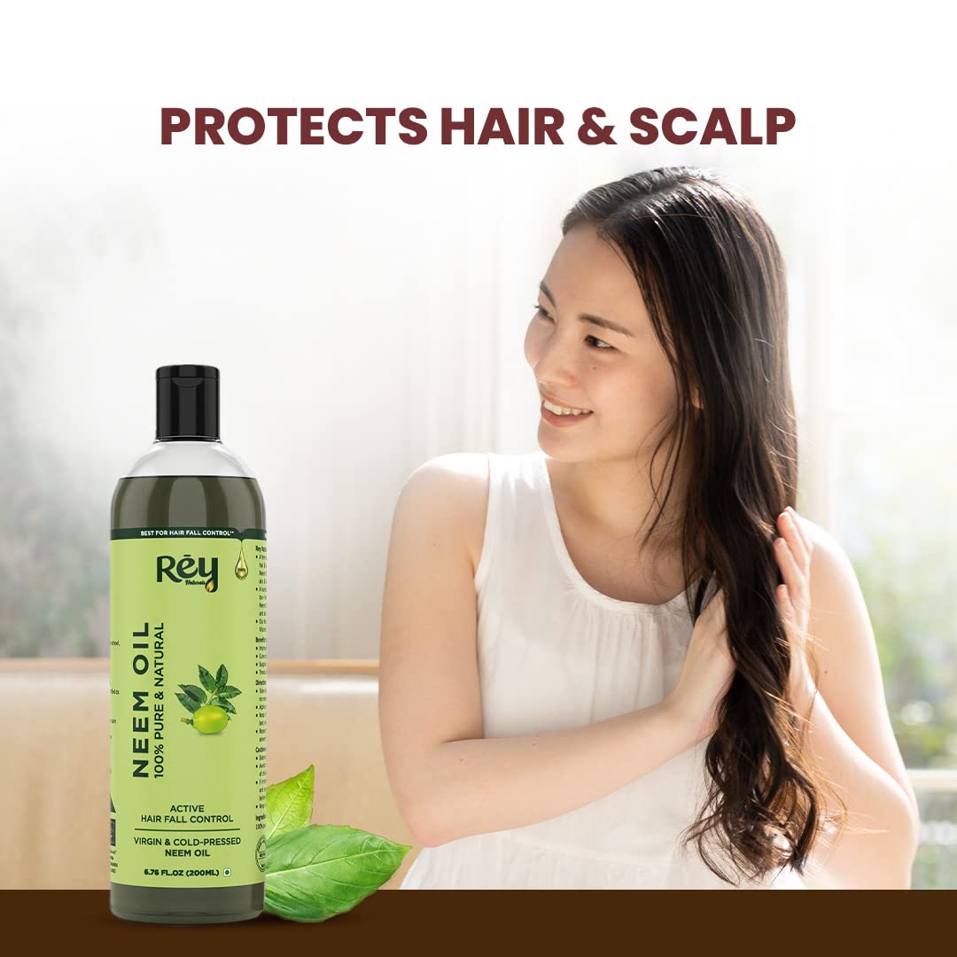 Rey Naturals Neem Oil - 100% Pure, Natural & Cold Pressed for Dandruff Relief, Scalp Infection & Healthy Hair Growth - 200 Ml