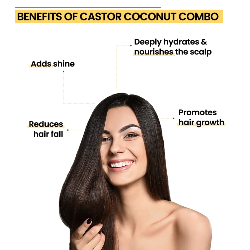 Rey Naturals Cold Pressed Castor & Virgin Coconut Hair Oil | For Hair Growth, Hairfall Control, Nail Cuticles, Eyebrow & Eyelashes Nourishment | Hydrates & Moisturize Scalp | For Men & Women -200ML*2