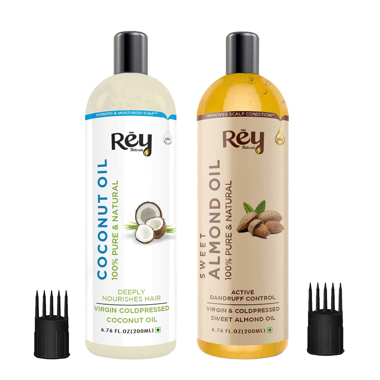 Rey Naturals Cold Pressed Coconut Oil & Sweet Almond Oil - for hair & skin - 200ml + 200ml