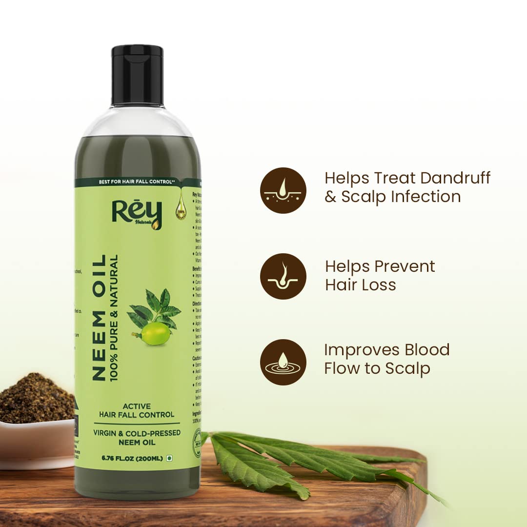 Rey Naturals Neem Oil - 100% Pure, Natural & Cold Pressed for Dandruff Relief, Scalp Infection & Healthy Hair Growth - 200 Ml