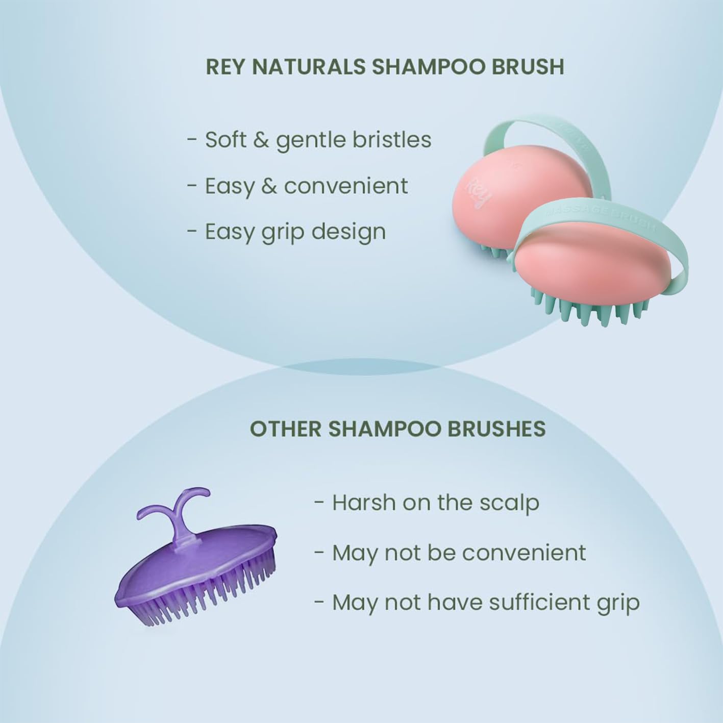 Rey Naturals Hair Scalp Massager Shampoo Brush - Gentle Exfoliation | Anti-Slip Design | Hair Growth | Pack of 2 | Pink Colour