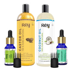 Rey Naturals hair oils combo/hair care kit (Castor oil + Coconut oil + Tea tree oil + Rosemary oil) controls hairfall - For healthy hair - No Mineral Oil, Silicones & Synthetic Fragrance