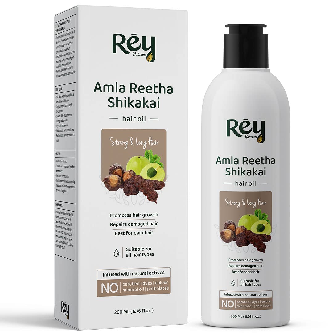 Rey Naturals Amla Reetha Shikakai Hair Oil for Longer & Stronger Hair | With Natural Actives | Paraben and Sulphate Free | For Hair Growth and Dry Hair | Suitable for Men and Women | 200 ML