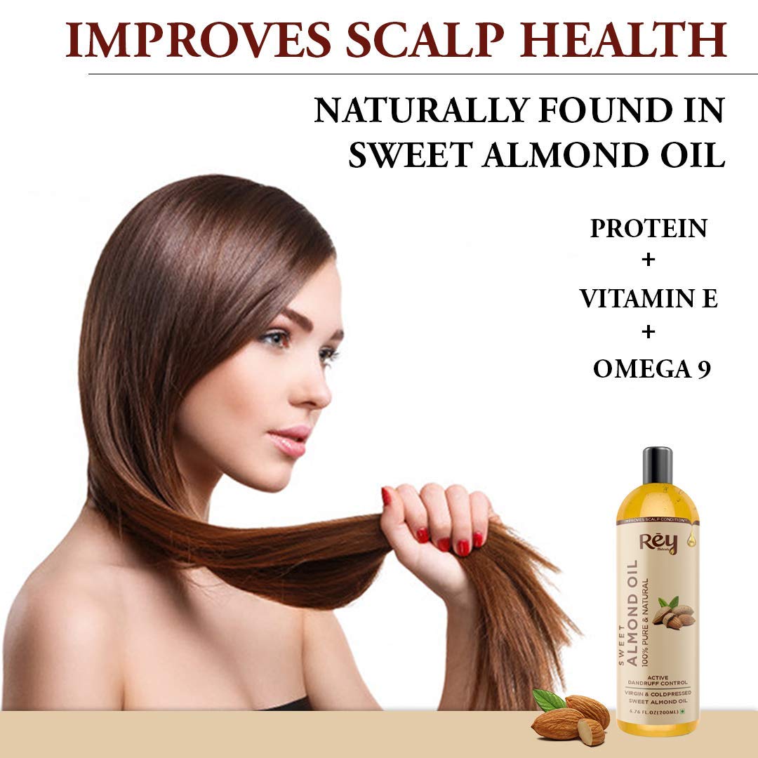 Rey Naturals Almond Hair Oil (Badam oil) - 100% Pure, Cold Pressed, for Hair & Skin | HairGrowth,Dandruff | 200ml