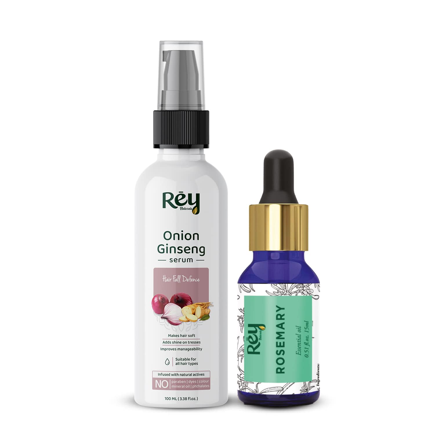 Rey Naturals Rosemary Essential Oil for Hair Growth (15 Ml) and Onion Ginseng Hair Serum (100 Ml)