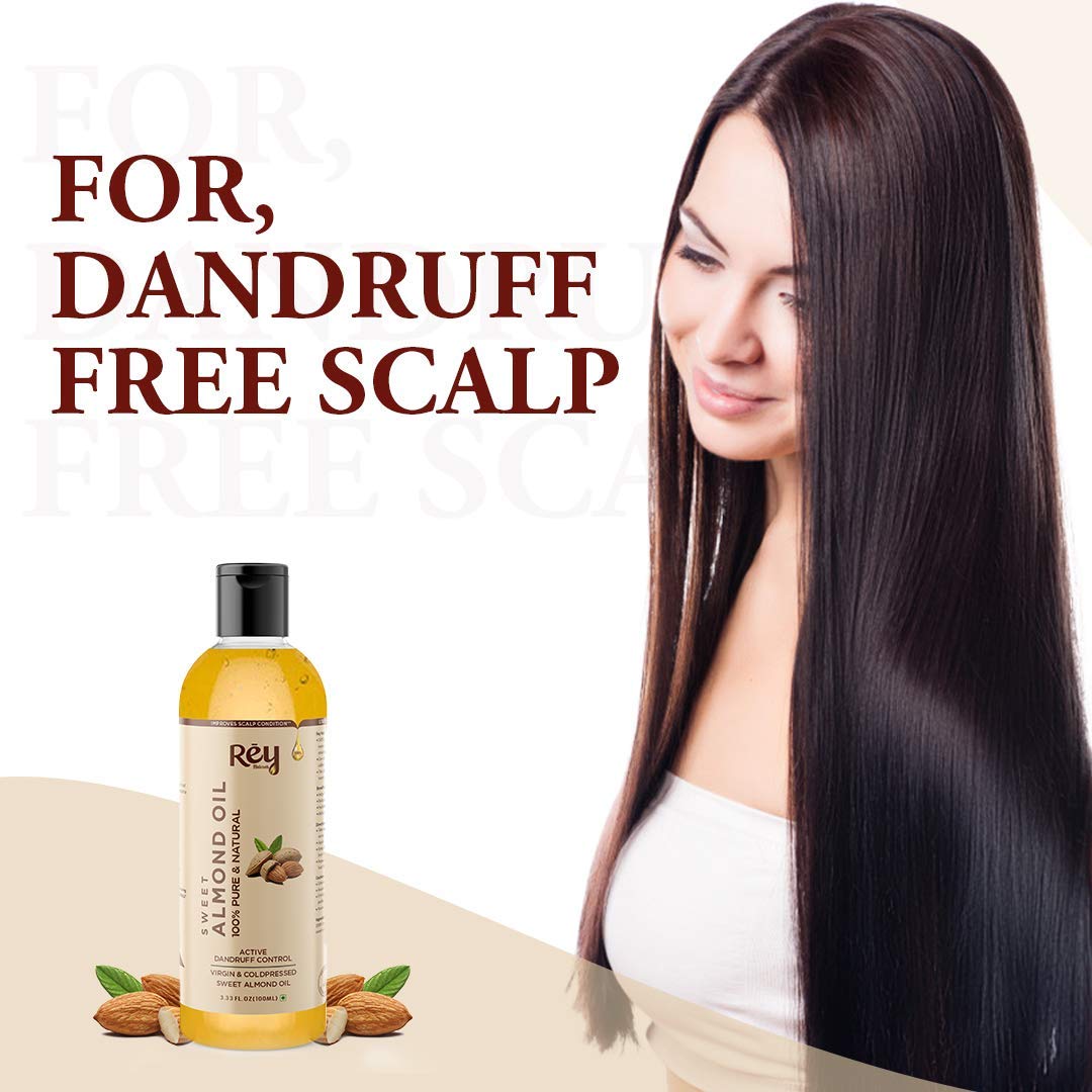 Rey Naturals Almond Hair Oil (Badam oil) - 100% Pure, Cold Pressed, for Hair & Skin | Promotes Growth, Reduces Dandruff | 100ml