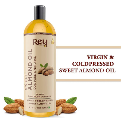 Rey Naturals Almond Hair Oil (Badam oil) - 100% Pure, Cold Pressed, for Hair & Skin | HairGrowth,Dandruff | 200ml