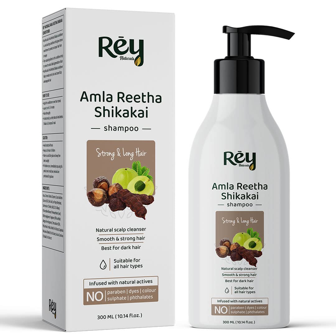 Rey Naturals Amla Reetha Shikakai Hair Shampoo for Strong & Long Hair | Natural Actives | Paraben & Sulphate Free | Fights Dry & Frizzy Hair | For a Healthy Scalp | Suitable for Men & Women | 300 ML