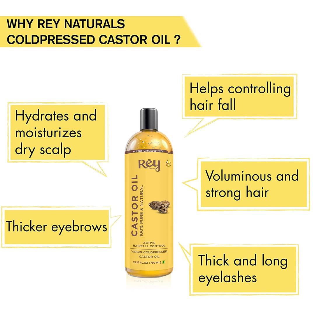 Rey Naturals Cold Pressed Virgin Castor Hair Oil | Arandi Tel | For Hair Growth, Nail cuticles, Eyelash & Eyebrows | Hydrates Skin & Reduces Wrinkles | Suitable For All Hair Types | 750 Ml