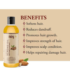 Rey Naturals Almond Hair Oil (Badam oil) - 100% Pure, Cold Pressed, for Hair & Skin | Promotes Growth, Reduces Dandruff | 100ml