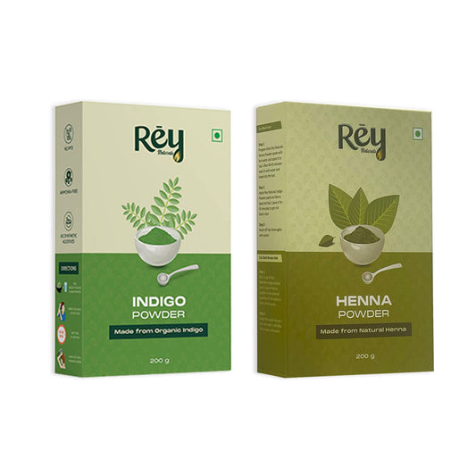 Rey Naturals Indigo Powder and Henna Powder for hair | Natural Hair Colour | Long Lasting Lustrous Black & Rich Brown Colour | Suited for All Hair | Mehndi | 200gm each