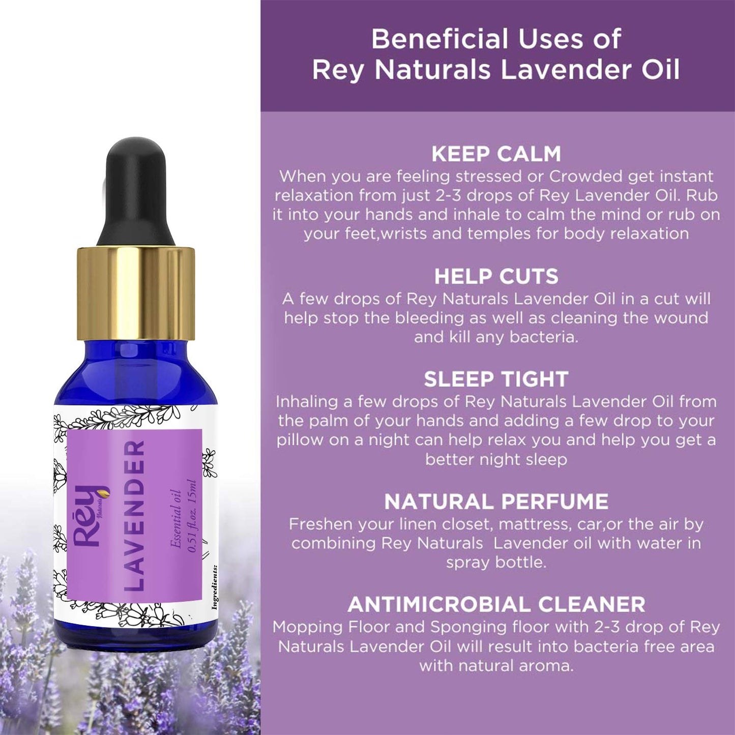 Rey Naturals Lavender Essential Oil & Tea Tree Oil For Dandruff & Acne, Aromatherapy, Stress Relief | Essential Oil For Diffuser, Cold & Cough, Dark Spots | For All Skin & Hair Types - 15ml*2