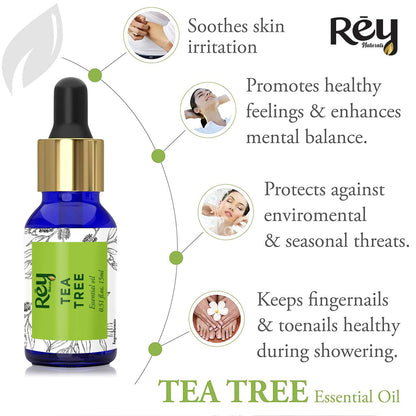 Rey Naturals 100% Pure Tea Tree Essential Oil For Hair & Scalp, Skin & Face Care - Tea Tree Oil For Dandruff, Acne, Aromatherapy & Stress | Suitable For All Skin & Hair Types - 15ml