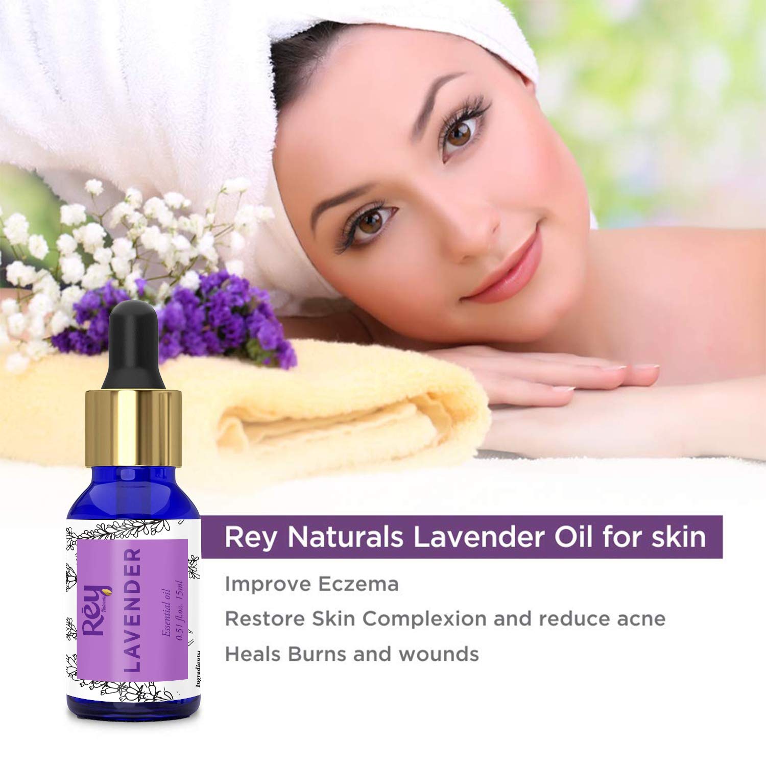 Rey Naturals Lavender Essential Oil - Calming, Healing & Nourishing - 100% Pure, Natural Lavender Oil - For Hair, Skin & Aromatherapy - 15ml
