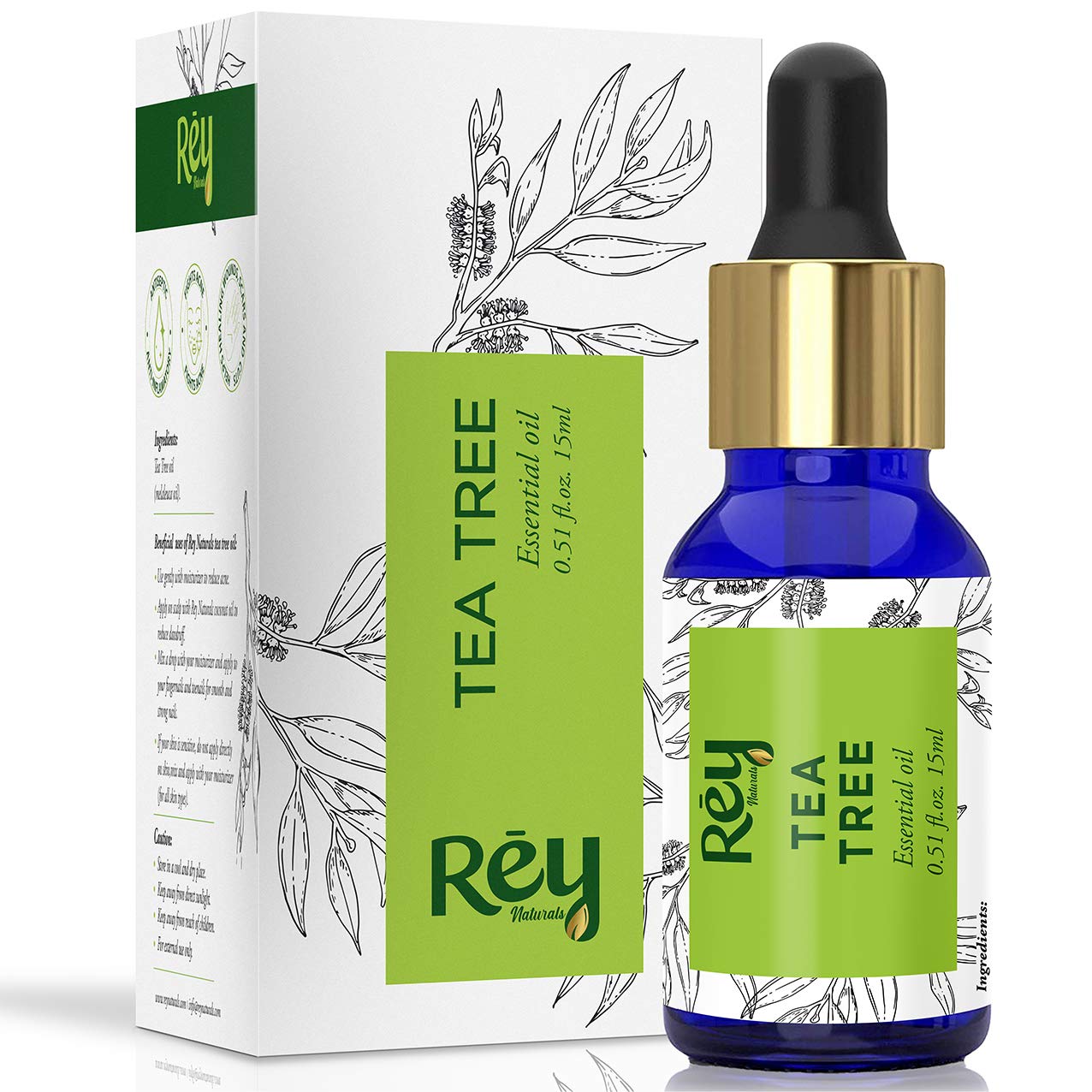Rey Naturals Tea Tree Oil | Tea Tree Essential Oil for Hair, Skin and Face Care - 100% Pure Tea Tree Oil for Dandruff, Acne, Aromatherapy, Stress, and More - 15ml