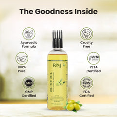 Rey Naturals Olive Oil |100% Pure, Natural, Virgin & Cold Pressed - Nourishes Hairs, Nails, Cuticles, Chapped Lips - 200 ML