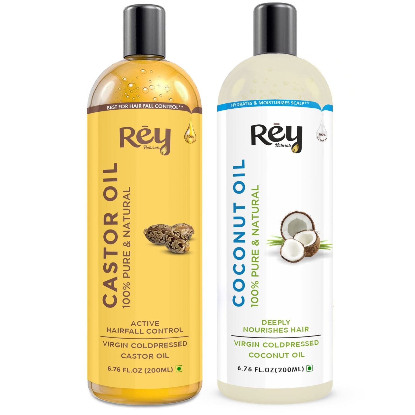 Rey Naturals Cold Pressed Castor & Virgin Coconut Hair Oil | For Hair Growth, Hairfall Control, Nail Cuticles, Eyebrow & Eyelashes Nourishment | Hydrates & Moisturize Scalp | For Men & Women -200ML*2