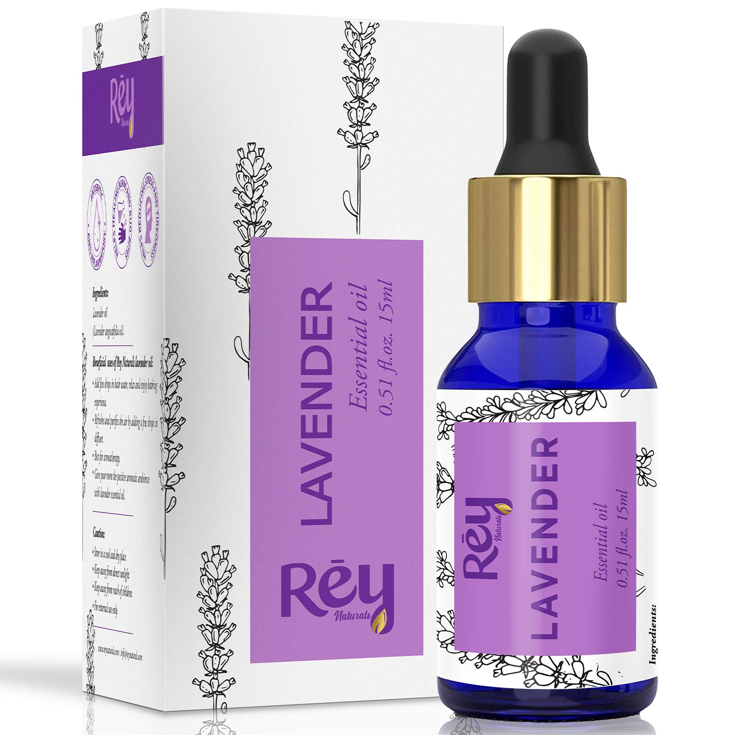 Rey Naturals Lavender Essential Oil - Calming, Healing & Nourishing - 100% Pure, Natural Lavender Oil - For Hair, Skin & Aromatherapy - 15ml