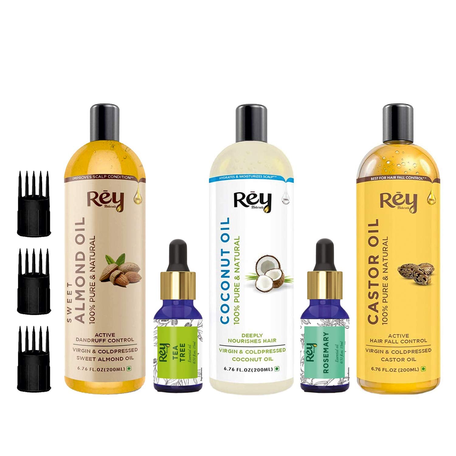 Rey Naturals Complete Hair Care Kit- Castor Oil+Coconut Oil+Almond Oil+Rosemary Oil+Teatree Oil