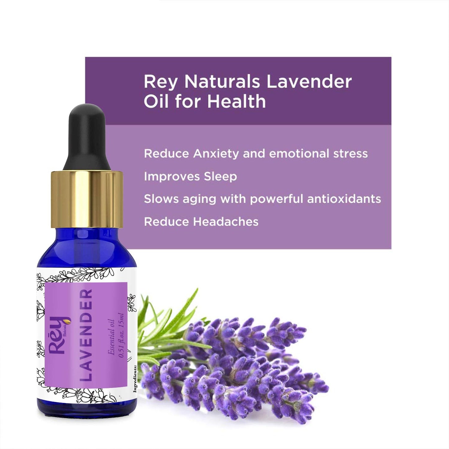 Rey Naturals Pure Lavender Essential Oil & Rosemary Oil For Hair Growth, Aromapathy, Stress & Pain Relief | Essential Oil For Hair, Face & Skin | Suitable For Diffuser | For Men And Women - 15*2