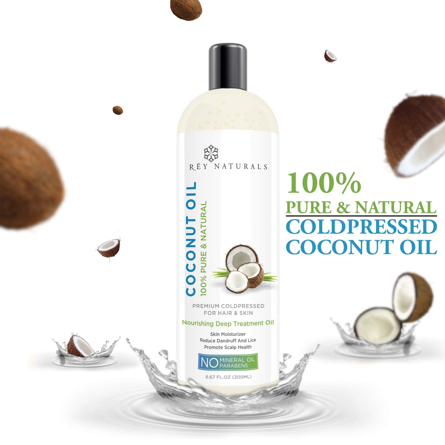 Rey Naturals Cold Pressed Coconut Oil & Sweet Almond Oil - for hair & skin - 200ml + 200ml